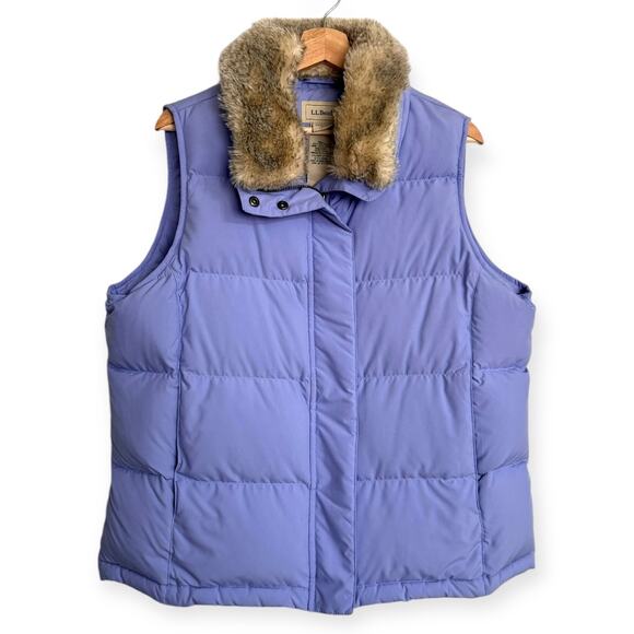 L.L. Bean Lavender Goose Down Filled Faux Fur Collar Down Puffer Vest Women's L - Picture 1 of 11